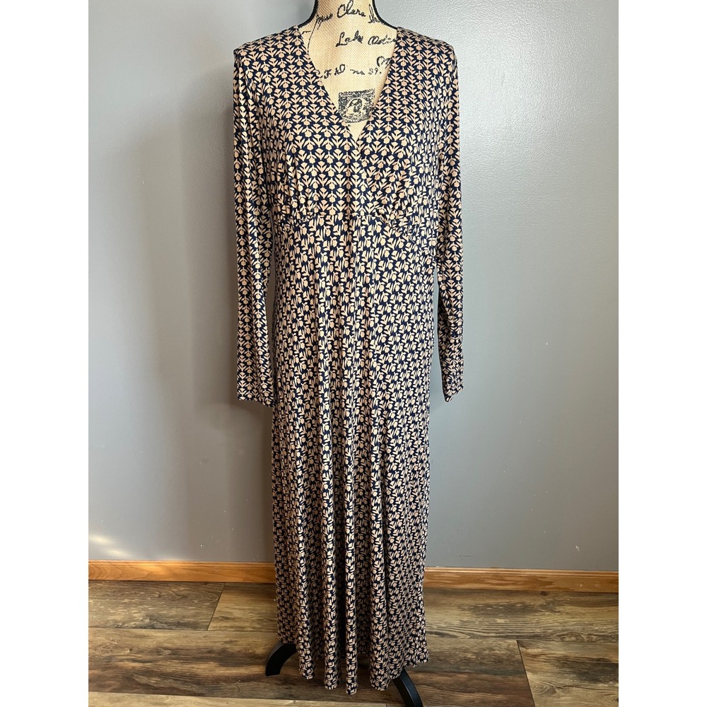 Boden Navy Tan Floral V-Neck midi Dress Long Sleeve casual office preppy